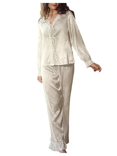 SHENHE Women's Satin Pajama Set 2 Piece Tie Front Long Sleeve Top Ruffle Pants Silky Loungewear Beige Small at Amazon