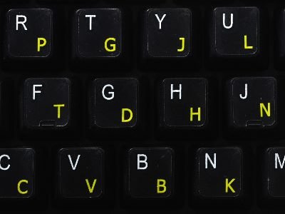 COLEMAK STICKER FOR KEYBOARD WITH YELLOW LETTERING TRANSPARENT BACKGROUND