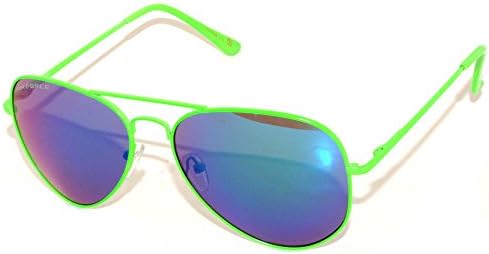Classic Aviator Sunglasses Neon Green Metale Frame with Spring Hinge Blue Mirror Lens