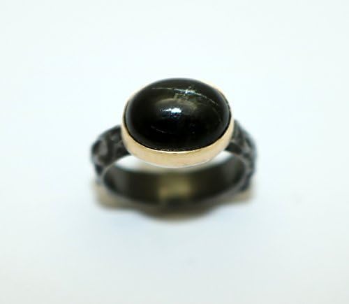 One of a Kind Oxidised Sterling Silver Ring with 9k Gold Bezel set Star Diopside - Size 5 1/8
