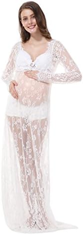 Women Photography Skirt, Long Sleeve Deep V-Neck Lace See-through, Maternity Maxi Dress Plus Sizes (3XL, white)