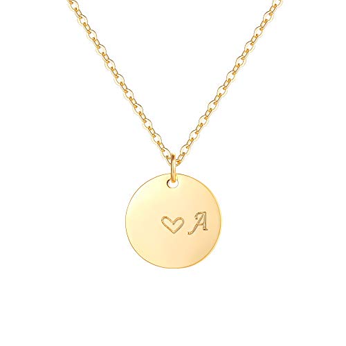 Gold Initial A Pendant Necklaces,14K Gold Filled Engraved Disc Personalized Name Dainty Handmade Cute Heart Initial A Tiny Pendant Necklaces Jewelry Gift for Women