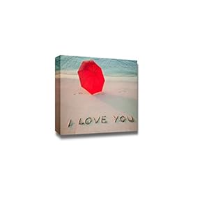 Canvas Prints Wall Art - Beautiful Seashore with Umbrella and I Love You Drawn on Sand - 12" x 18"