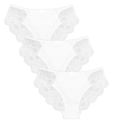 CFB 023 0201 Women Lingerie Lace Cotton Sexy Bikini Underwear Gifts For Women Undies Pantys BBW White Briefs Valentine Day Presents, XL/12 White 3 Pac