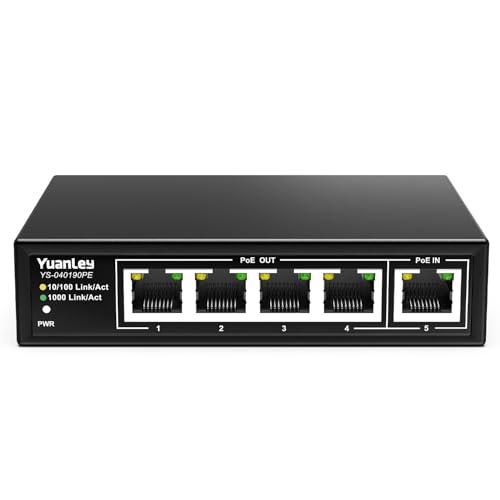 YuanLey 5 Port Gigabit PoE Extender with 4 Outputs, 90W PoE Input, IEEE 802.3af/at/bt, Mini 5 Channel Repeater 1000Mbps, Metal Case, 6KV, Power over Ethernet Switch