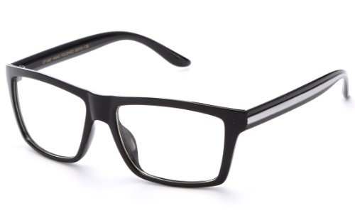 IG Unisex Retro Squared Celebrity Striped Temple Clear Lens Fashion Glasses in Black