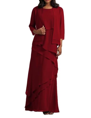 2-Pieces Mother of Bride Dress with Jacket Layered Chiffon Formal Evening Gowns Scoop Neck Mother of the Groom Dress Wine at Amazon