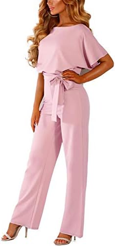 Alelly Women's Summer Short Sleeves Elegant Playsuit Wide Leg Jumpsuit Romper with Belted