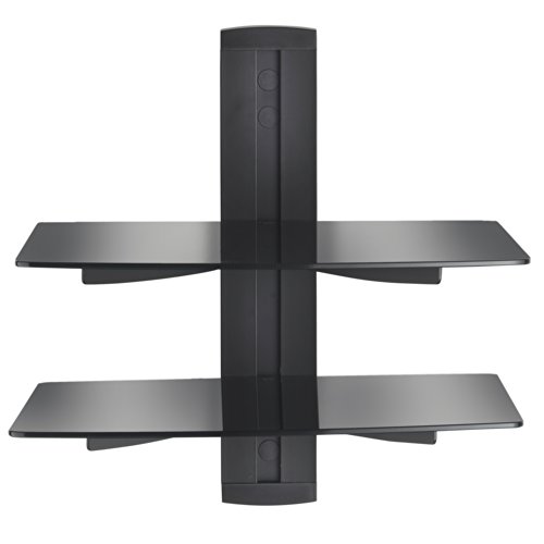 VonHaus 2-tier Floating Black Shelves with Flat Black Wall Mount Bracket and Strengthened Tempered Black Glass | for DVD Player, Sky/Virgin Box/Cable Boxes, Games Consoles, TV Accessories, Speakers