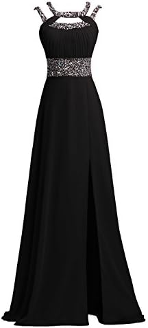 SeasonMall Women's Prom Dress A Line Scoop Chiffon Long Slit Evening Dress Size 8 US Black