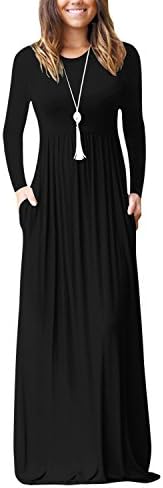 Catawe Women Long Sleeve Maxi Dress Loose Plain Casual Long Dresses With Pockets