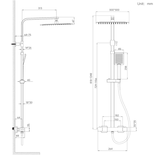 Auralum Thermostatic Chrome Shower Column with Brass Mixer Tap 30 x 30 cm, Square Hand Pump, Height Adjustable – Complete Bathroom Kit