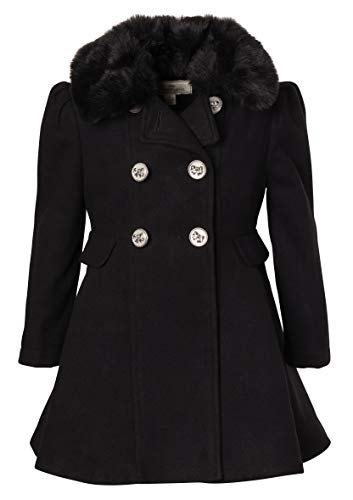Cremson Girls' Wool Look Princess Winter Dress Pea Coat Jacket Faux Fur Collar - Black (Size 16)