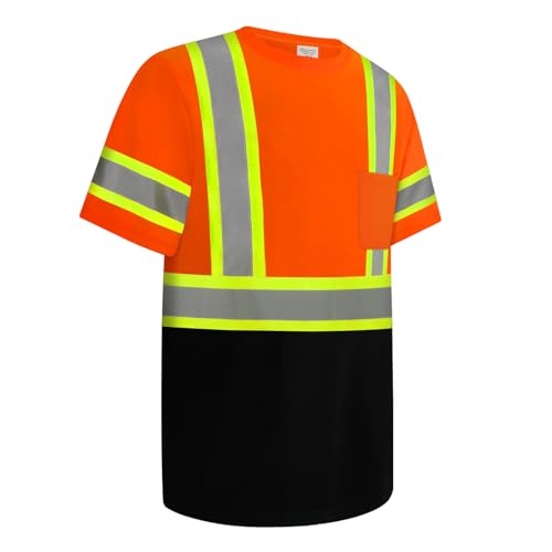 Uno Mejor High Visibility Shirts for Men Class 2 Construction Shirts with Pocket, Hi Vis Reflective Safety Work Shirts for Men Women, Short Sleeve with Black Bottom, Durable & Breathable, Orange 3XL at Amazon