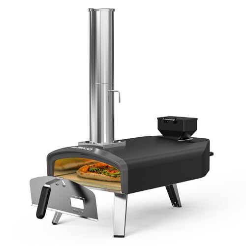 Mimiuo Outdoor Pizza Pellet Oven with Pizza Stone 33 cm, for Baking, Bread, Camping, Barbecue, Garden, Portable Oven Pizza Wood, Black