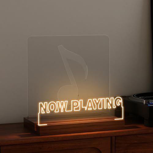 CoolGift Mart Now Playing Vinyl-Schallplattenständer, Beleuchten Sie schallplattenregal, Holz-Acryl-Display mit warmweißen Lichtern für Alben, Raumdek