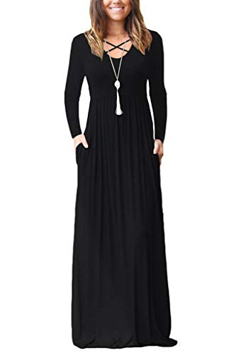 EZBELLE Women's Long Sleeve Maxi Dresses with Pockets Plain Loose Casual High Waisted Long Dresses Black Small