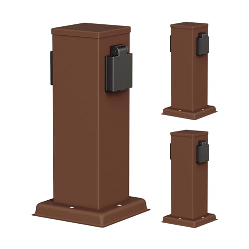 ledscom.de 3X Garten Steckdosensäule Polly für außen, IP44, 2-Fach, Edelstahl, braun, eckig, 27 cm