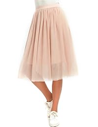 Falda de malla de nailon para dama, totalmente forrada, cintura elástica, media longitud de pantorrilla, L, Rosado Peony