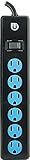Uber 6-Outlet Power Strip Extension Cord, 4 Ft Power Cord, Twist-to-Close Safety Outlet Covers, Black/Blue, 25115