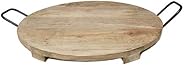 Jodhpuri Natural Wood Server Tray with Handles - Round Wooden Platter - 20 x 20 x 2.75 inches - White Wash Aca