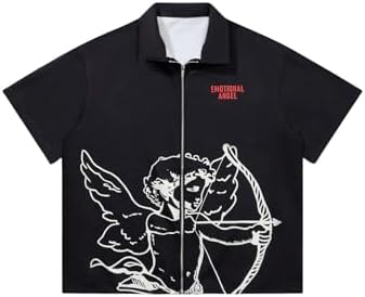 VIPWOLF Men's Y2K Graphic Tees Letter Short Sleeve Collared Zip Up
