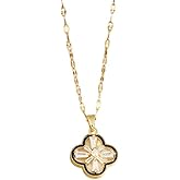 DIAMANTIO 18K Gold Plated Flower Pendant Necklace – Elegant Four-Leaf Design with Cubic Zirconia Crystals, Black Edge Detailing