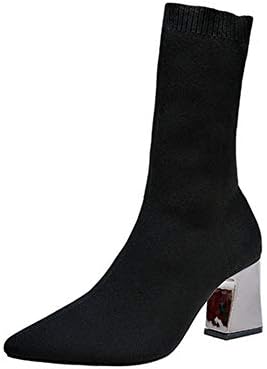 chegong Women's Black Knit Chunky Heel Sock Boots Pointed Toe Mid-Calf Booties