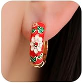 Xerling Vintage Flower Huggie Hoop Earrings Antique Retro Enamel Copper Round Circle Hoop Earrings for Women Gold Statement Loop Earrings (Red)