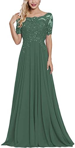 Lace Applique Beaded Mother of The Bride Dresses Long with Sleeves Bateau Neck Maxi Formal Evening Gown