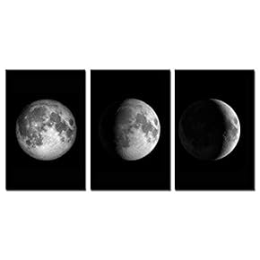 3 Panel Canvas Wall Art - The Moon in Different Lunar Phases - Giclee Print Gallery Wrap Modern Home Art Ready to Hang - 16"x24" x 3 Panels