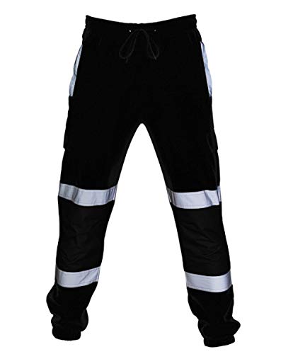 Men's Hi Vis Viz Reflective Overalls High Visibility Safe Work Pants Sweatpants Joggers Trousers (Black, XL)