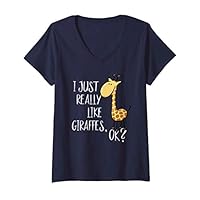 Womens I Just Really Like Giraffes, OK? Cute Giraffe Drawing V-Neck T-Shirt