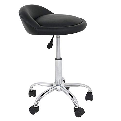 Oteymart Adjustable Hydraulic Rolling Stool Chair PU Leather Shop Stool Swivel Drafting Work Salon Stools with Wheels & Backrest (Black) - Thumbnail 6