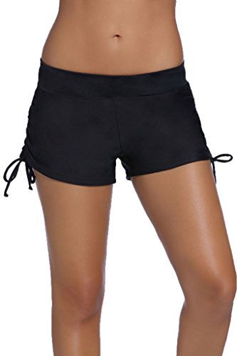 Dokotoo Women's Wide Waistband Swimsuit Bottom Mini Shorts,Black2, Size: US 12-14=Waist 31 inch, Tag Size:Large