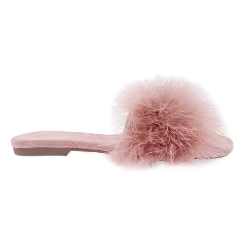 Amélie Home Women\'s Sexy Fashion Slide Slippers - Blush Furry Turkey Feather Open Toe Comfy Fuzzy Suede Lined House Sandals for Spring & Summer,Size 6
