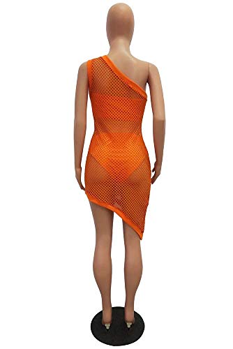 Kafiloe 3 Pieces Swimwear for Women Bandeau Top + Bikini Bottom + Mesh See Through Cover Up Dress Orange 3XL