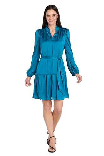 R&M Richards Women's Elegant Long Sleeve Silky Satin Ruffled V-Neck Dress -Tier…
