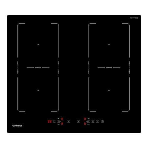 Gudsunal Induktionskochfeld 60 cm mit zwei Flexzonen, 7200W, 4-Zonen-Induktionskochplatte mit kontinuierlicher Niedrigleistungsheizung, Boost, 9 Heizstufen, Tim