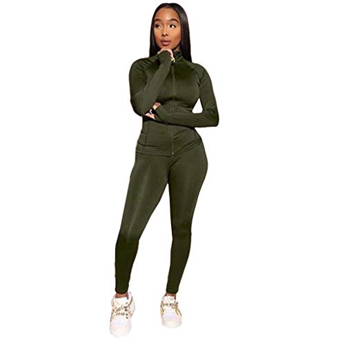Atezch 2 Piece Casual Sport Outfits for Women, Long Sleeve Zipped Coat and Long Legging Pants Sports Set Tracksuits (Army Green, L)