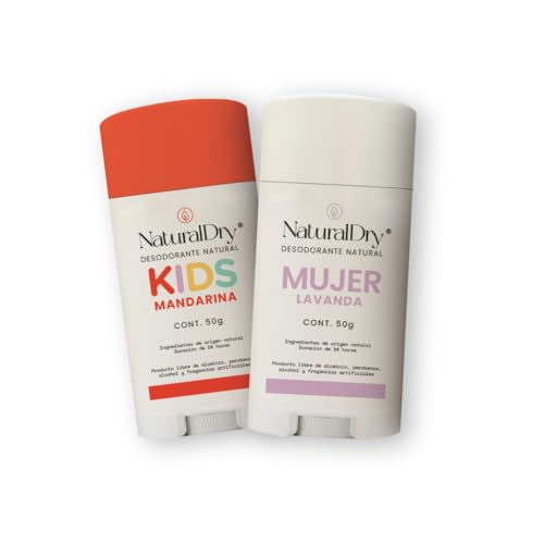 NaturalDry Kids - Pack de 2 desodorantes naturales de barra - Desodorante infantil unisex Natural para niños - Aroma mandarina - Desodorante natural para mujer - Aroma lavanda - Duración 24h - En barra