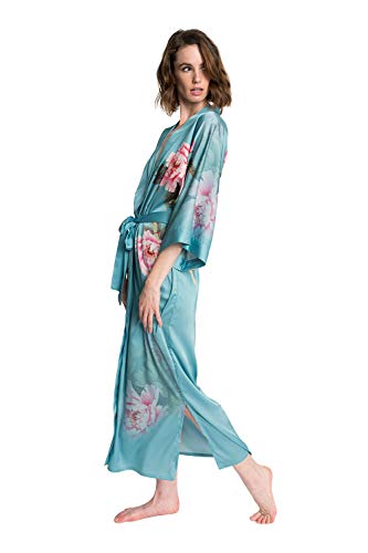 Old Shanghai Women's Kimono Robe Long - Watercolor Floral, peony & bird - cameo blue, One Size