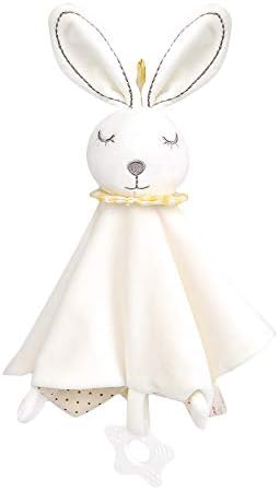 Baby Security Blankets,Lovely Plush Stuffed Bunny Soothing Toy with Silicone Teether and Built-in Bell,11" x 11"
