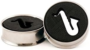 Pair of Saxophone Black, Plugs, Flesh Tunnel Ear Gauges with Double Flared 316L Stainless Steel