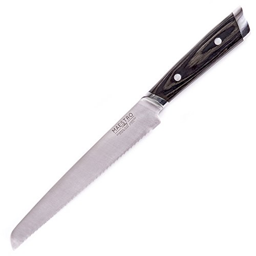 Maestro Cutlery Volken Series German High Carbon Stainless Steel 8" Inch Professional Serrated Bread Knife Slicer with Black Wood Handle