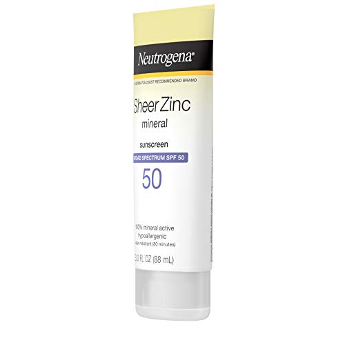 NEUTROGENA SHEER ZINC OXIDE DRY-TOUCH SUNSCREEN LOTION WITH BROAD SPECTRUM SPF 50, WATER-RESISTANT, HYPOALLERGENIC & NON-GREASY MINERAL SUNSCREEN, 3 FL. OZ