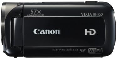 Compact black video camcorder with 57x superior zoom capability and 8GB storage.