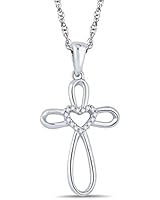 Tesero Mio Sterling Silver 1/20 Carat Round Cut (I-J Color, I2-I3 Clarity) Natural Diamond Cross Pendant Necklace for Women