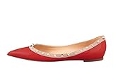 FootGift Women's Fashion Low Heel Flat Shoes Pointed Toe Slip On Spike Decoration Handcrafted Copy Leather Red US 7.5