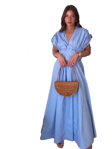 Women Summer Elegant Blue Long Dresses Luxury Flower High Waisted Pleated Party Dress Ladies Street Robe